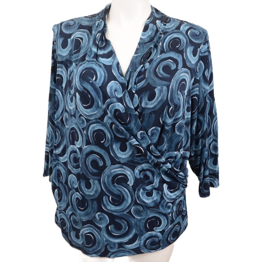 Ellen Tracy Y2K SILK Blend Plus Size 3X Artsy Faux Wrap‎ Stretchy Blouse Office